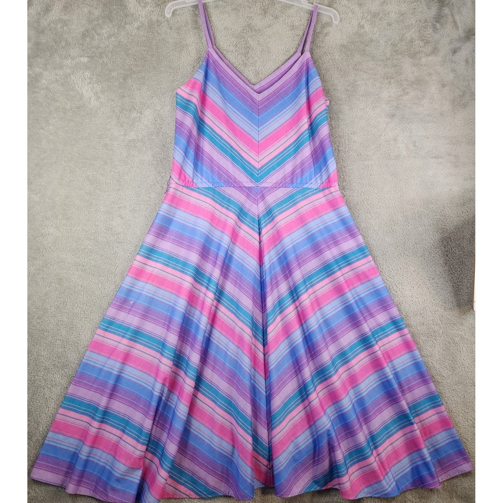 Womens Sun Dress 7/8 Purple Pink Blue Striped V-Neck Spaghetti Vintage Midi